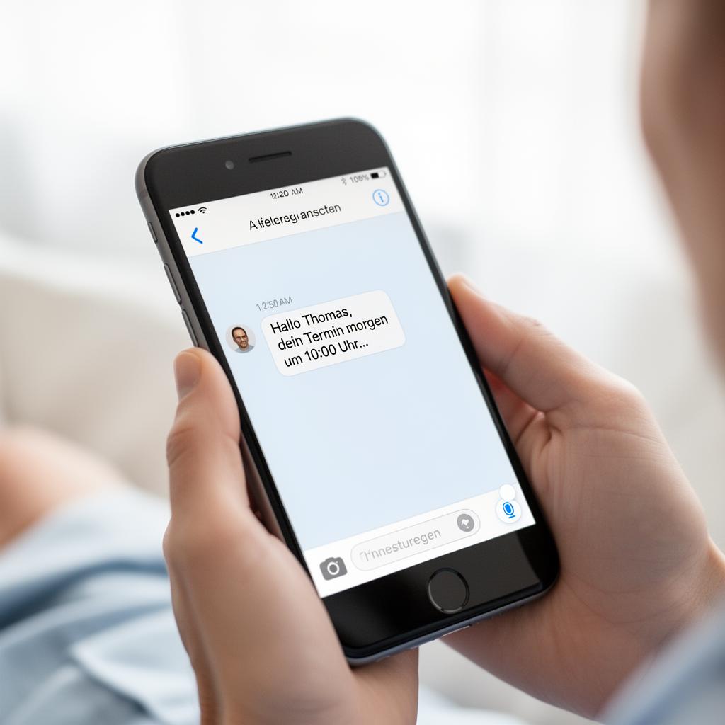 Smartphone in der Hand eines Patienten zeigt eine SMS-Terminerinnerung von tinana