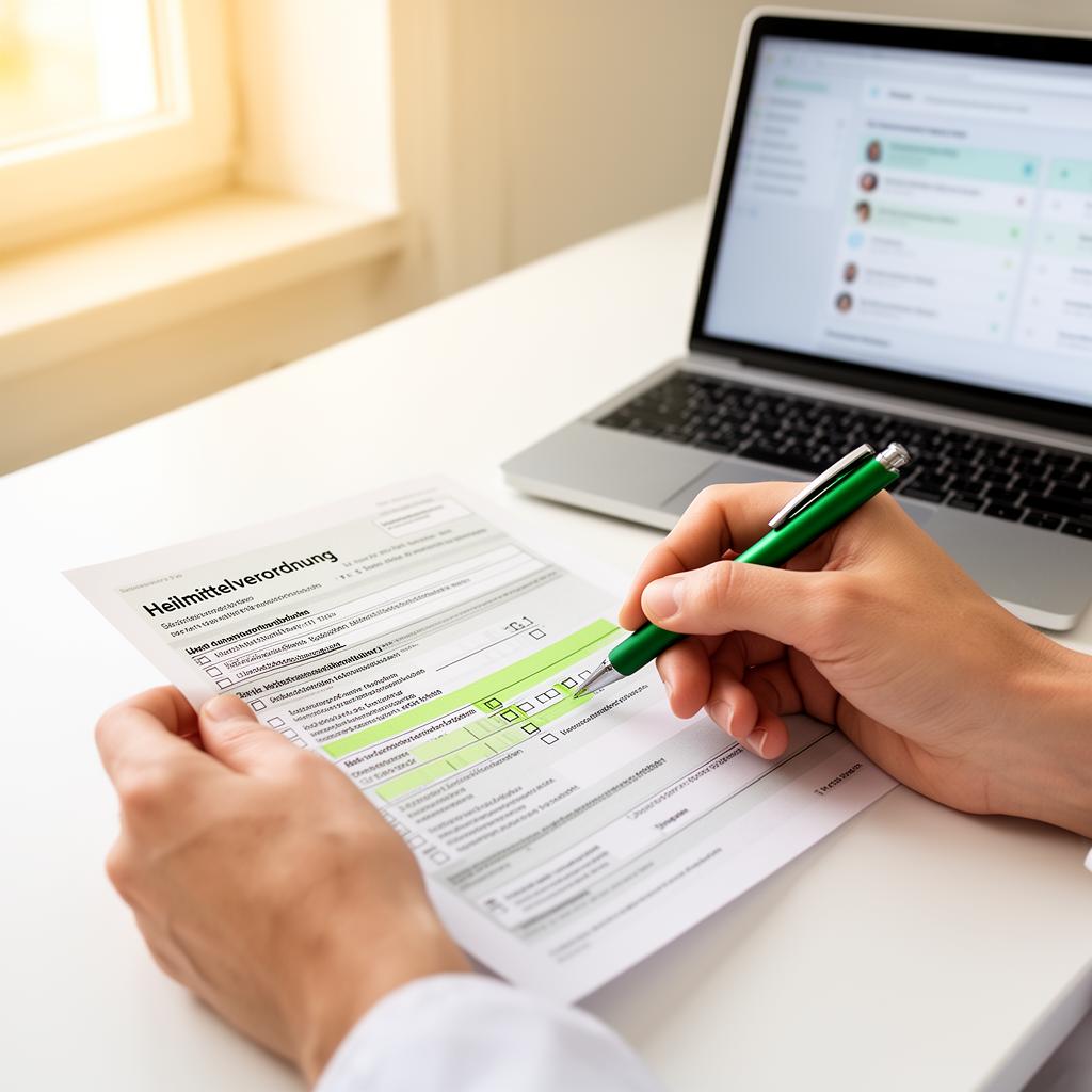 Close-up of a professional hand checking a medical prescription with a pen, bright office environment, focused and organ