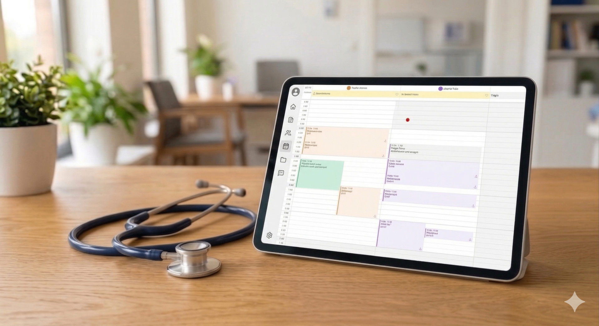 A close-up of a high-quality tablet showing a professional medical software interface, placed on a clean wooden desk nex